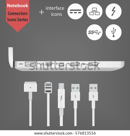 Laptop side view with connectors Illustration. Notebook and 5 interface icons. , Ethernet, MagSafe 2, Thunderbolt, USB 2.0 and 3.0. Plugs and Sockets for  Charging and Data transfer