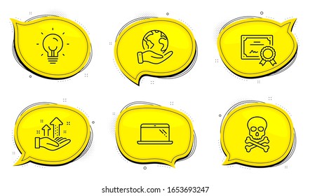 Laptop sign. Diploma certificate, save planet chat bubbles. Energy, Chemical hazard and Analysis graph line icons set. Lightbulb, Toxic death, Targeting chart. Computer. Science set. Vector