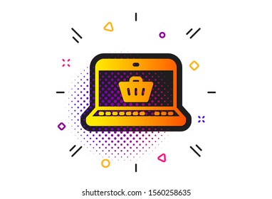 Laptop sign. Halftone circles pattern. Online Shopping cart icon. Supermarket basket symbol. Classic flat online shopping icon. Vector