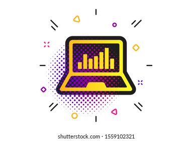Laptop sign icon. Halftone dots pattern. Notebook pc with graph symbol. Monitoring. Classic flat laptop icon. Vector