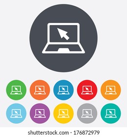 Laptop sign icon. Notebook pc with cursor pointer symbol. Round colourful 11 buttons. Vector