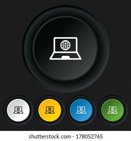 Laptop sign icon. Notebook pc with globe symbol. Round colourful buttons on black texture. Vector
