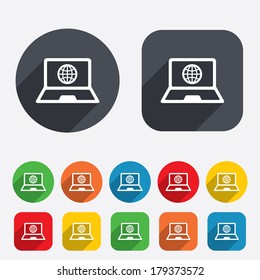 Laptop sign icon. Notebook PC with globe symbol. Circles and rounded squares 12 buttons. Vector