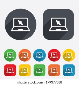 Laptop sign icon. Notebook PC with cursor pointer symbol. Circles and rounded squares 12 buttons. Vector