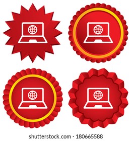 Laptop sign icon. Notebook pc with globe symbol. Red stars stickers. Certificate emblem labels. Vector