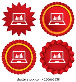 Laptop sign icon. Notebook pc with graph symbol. Monitoring. Red stars stickers. Certificate emblem labels. Vector