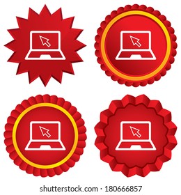 Laptop sign icon. Notebook pc with cursor pointer symbol. Red stars stickers. Certificate emblem labels. Vector