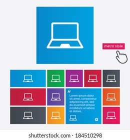 Laptop sign icon. Notebook pc symbol. Metro style buttons. Modern interface website buttons with hand cursor pointer. Vector