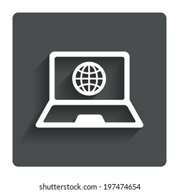 Laptop sign icon. Notebook pc with globe symbol. Gray flat button with shadow. Modern UI website navigation. Vector