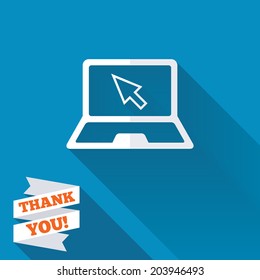 Laptop sign icon. Notebook pc with cursor pointer symbol. White flat icon with long shadow. Paper ribbon label with Thank you text. Vector