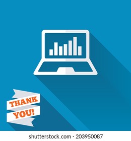 Laptop sign icon. Notebook pc with graph symbol. Monitoring. White flat icon with long shadow. Paper ribbon label with Thank you text. Vector