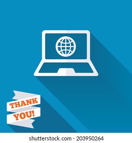 Laptop sign icon. Notebook pc with globe symbol. White flat icon with long shadow. Paper ribbon label with Thank you text. Vector