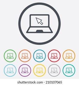 Laptop sign icon. Notebook pc with cursor pointer symbol. Round circle buttons with frame. Vector