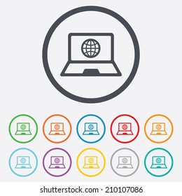 Laptop sign icon. Notebook pc with globe symbol. Round circle buttons with frame. Vector