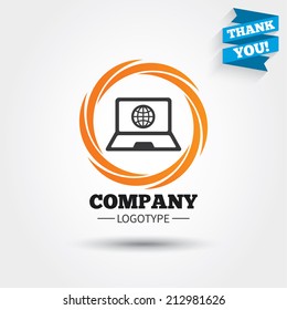 Laptop sign icon. Notebook pc with globe symbol. Business abstract circle logo. Logotype with Thank you ribbon. Vector