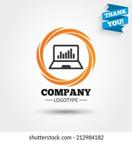 Laptop sign icon. Notebook pc with graph symbol. Monitoring. Business abstract circle logo. Logotype with Thank you ribbon. Vector