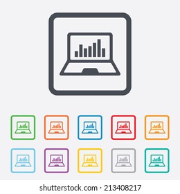 Laptop sign icon. Notebook pc with graph symbol. Monitoring. Round squares buttons with frame. Vector