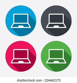 Laptop sign icon. Notebook pc symbol. Circle buttons with long shadow. 4 icons set. Vector