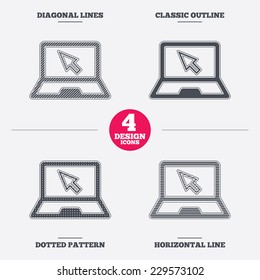Laptop sign icon. Notebook pc with cursor pointer symbol. Diagonal and horizontal lines, classic outline, dotted texture. Pattern design icons.  Vector