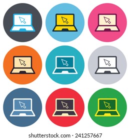 Laptop sign icon. Notebook pc with cursor pointer symbol. Colored round buttons. Flat design circle icons set. Vector