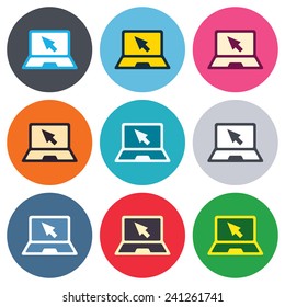 Laptop sign icon. Notebook pc with cursor pointer symbol. Colored round buttons. Flat design circle icons set. Vector