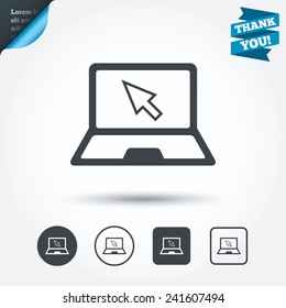 Laptop sign icon. Notebook pc with cursor pointer symbol. Circle and square buttons. Flat design set. Thank you ribbon. Vector