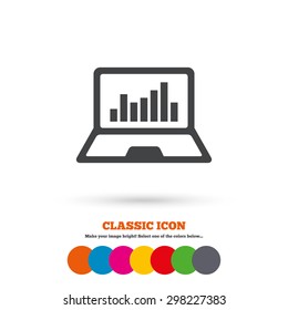 Laptop sign icon. Notebook pc with graph symbol. Monitoring. Classic flat icon. Colored circles. Vector
