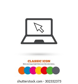 Laptop sign icon. Notebook pc with cursor pointer symbol. Classic flat icon. Colored circles. Vector