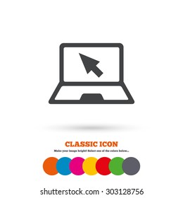 Laptop sign icon. Notebook pc with cursor pointer symbol. Classic flat icon. Colored circles. Vector