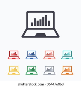 Laptop sign icon. Notebook pc with graph symbol. Monitoring. Colored flat icons on white background.