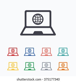 Laptop sign icon. Notebook pc with globe symbol. Colored flat icons on white background.