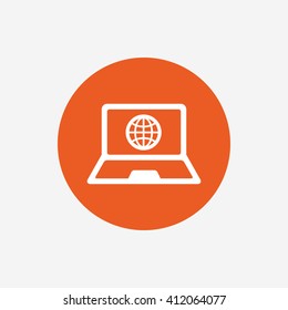 Laptop sign icon. Notebook pc with globe symbol. Orange circle button with icon. Vector