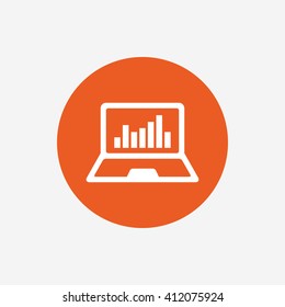 Laptop sign icon. Notebook pc with graph symbol. Monitoring. Orange circle button with icon. Vector