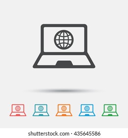 Laptop sign icon. Notebook pc with globe symbol. Graphic element on white background. Colour clean flat notebook icons. Vector