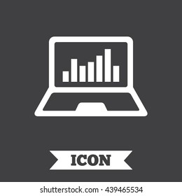 Laptop sign icon. Notebook pc with graph symbol. Monitoring. Graphic design element. Flat laptop symbol on dark background. Vector