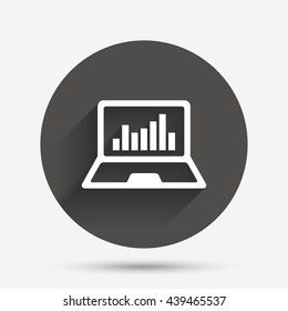 Laptop sign icon. Notebook pc with graph symbol. Monitoring. Circle flat button with shadow. Vector