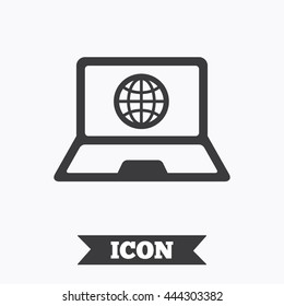 Laptop sign icon. Notebook pc with globe symbol. Graphic design element. Flat notebook symbol on white background. Vector