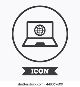 Laptop sign icon. Notebook pc with globe symbol. Graphic design element. Flat symbol in circle button. Vector