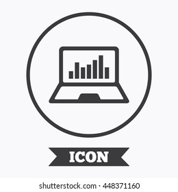 Laptop sign icon. Notebook pc with graph symbol. Monitoring. Graphic design element. Flat symbol in circle button. Vector