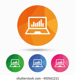 Laptop sign icon. Notebook pc with graph symbol. Monitoring. Triangular low poly button with flat icon. Vector