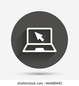 Laptop sign icon. Notebook pc with cursor pointer symbol. Circle flat button with shadow. Vector