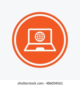 Laptop sign icon. Notebook pc with globe symbol. Graphic design element. Flat notebook symbol on the round button. Vector