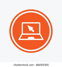 Laptop sign icon. Notebook pc with cursor pointer symbol. Graphic design element. Flat laptop symbol on the round button. Vector