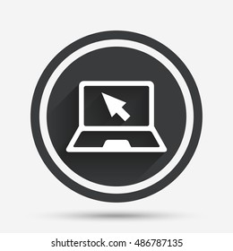 Laptop sign icon. Notebook pc with cursor pointer symbol. Circle flat button with shadow and border. Vector