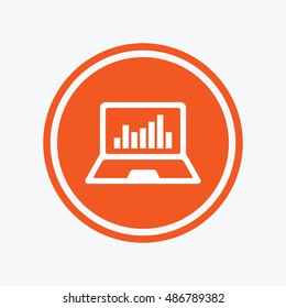 Laptop sign icon. Notebook pc with graph symbol. Monitoring. Graphic design element. Flat laptop symbol on the round button. Vector