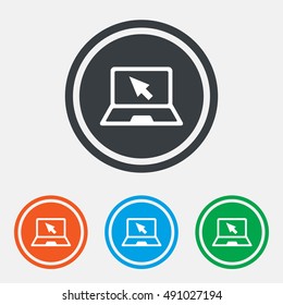 Laptop sign icon. Notebook pc with cursor pointer symbol. Graphic design web element. Flat laptop symbol on the round button. Vector
