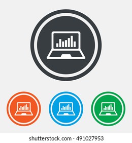 Laptop sign icon. Notebook pc with graph symbol. Monitoring. Graphic design web element. Flat laptop symbol on the round button. Vector