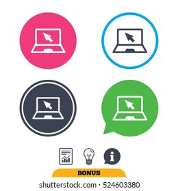 Laptop sign icon. Notebook pc with cursor pointer symbol. Report document, information sign and light bulb icons. Vector