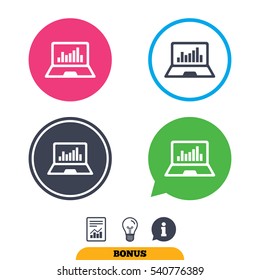 Laptop sign icon. Notebook pc with graph symbol. Monitoring. Report document, information sign and light bulb icons. Vector