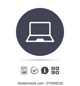 Laptop sign icon. Notebook pc symbol. Report document, information and check tick icons. Currency exchange. Vector